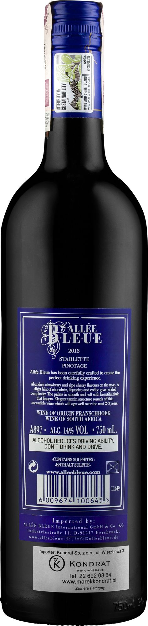 Wino Allée Bleue Starlette Pinotage Franschhoek WO