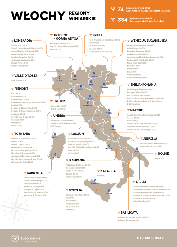 Włochy - plakat z mapą regionów winiarskich