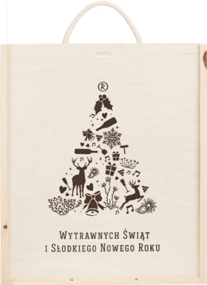 Skrzynka drewniana świąteczna na trzy butelki z logo Kondrat Wina Wybrane