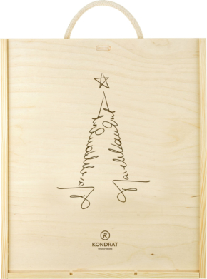 Skrzynka drewniana świąteczna na trzy butelki z logo Kondrat Wina Wybrane i choinką